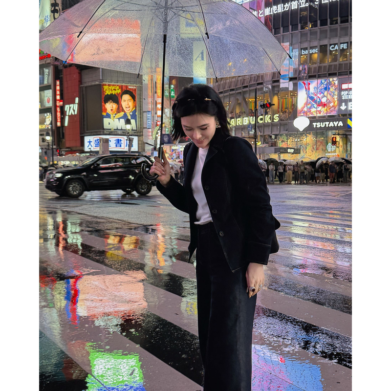 Yuan Yiling [Same Style as Zhu Zhu] Blue Denim Slim Fit Fishtail Blazer Collar Denim Jacket and Flared Pants Set