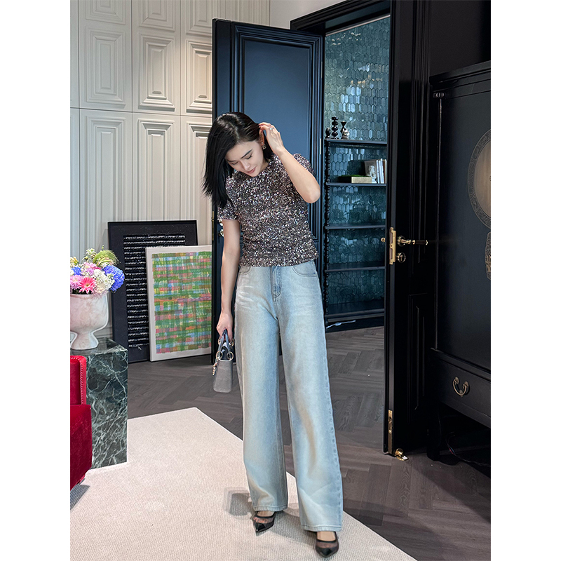 Yuan Yiling【Brilliant Starry Sky】26 Summer New Collection Light Luxury Sequin Versatile Casual Fashion Style Round Neck T-Shirt