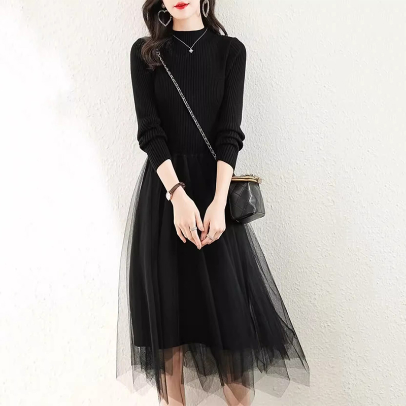 New Winter Knitted Dress, Spring and Autumn Slimming Mesh Splicing Sweater Dress, Simple Inner Layering Skirt, Women's Clothing