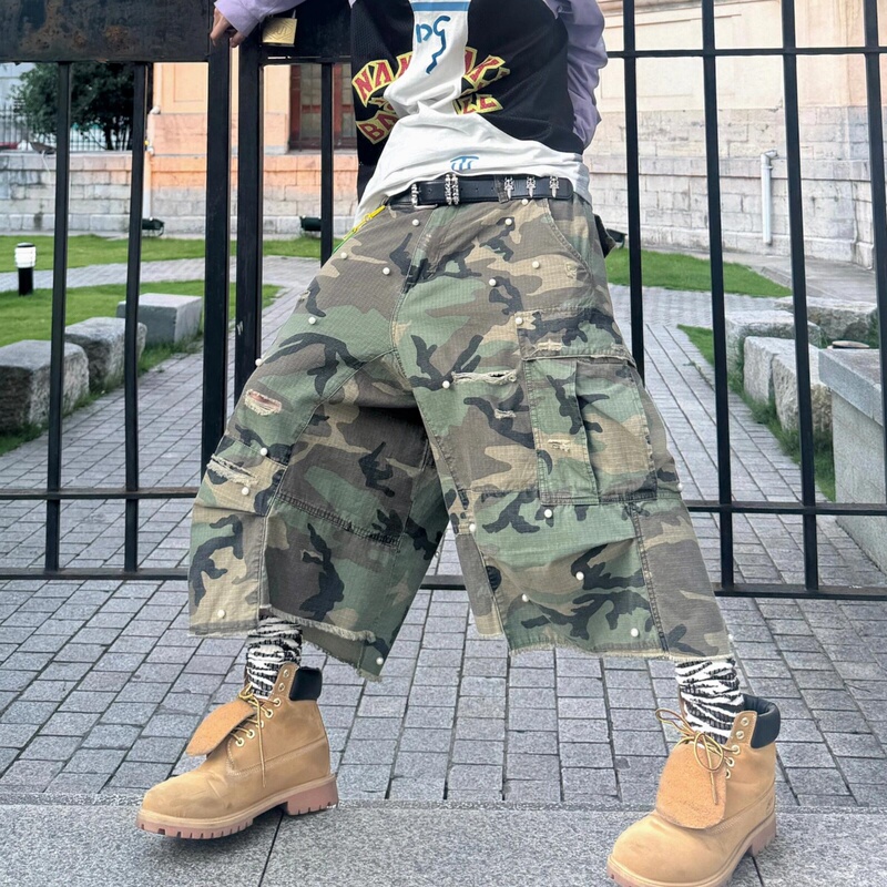Gd High Street American Design Pearl Camouflage Ripped Workwear Cropped Pants Men's Niche Wide-Leg Loose Denim Shorts Gd High Street American Design Pearl Camouflage Ripped Workwear Cropped Pants Men's Niche Wide-Leg Loose Denim Shorts