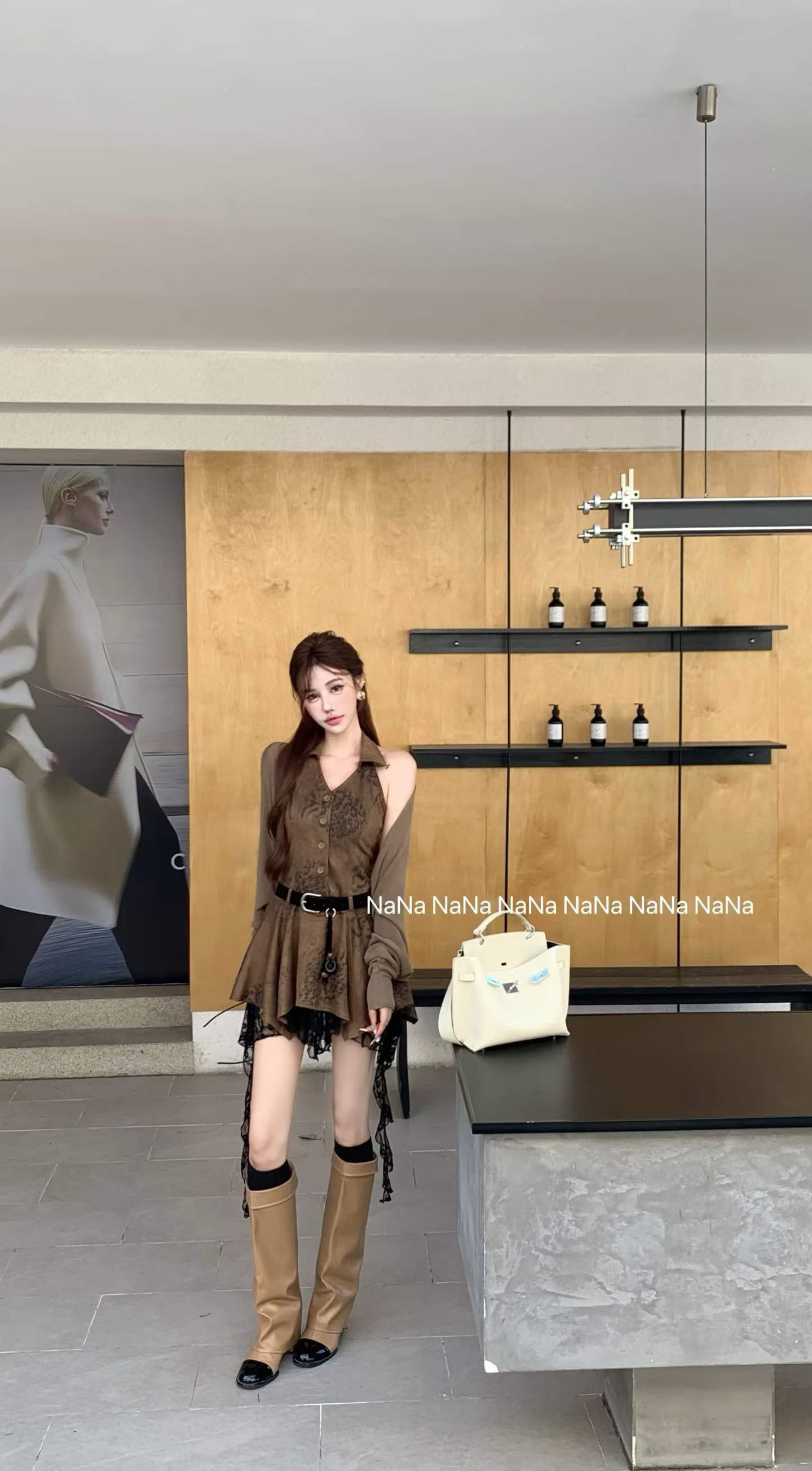 2026 가을 레트로 레오파드 무늬 V넥 패치워크 레이스 행침 목 슬립 드레스 숄 세트 벨트 포함 상세 이미지 11