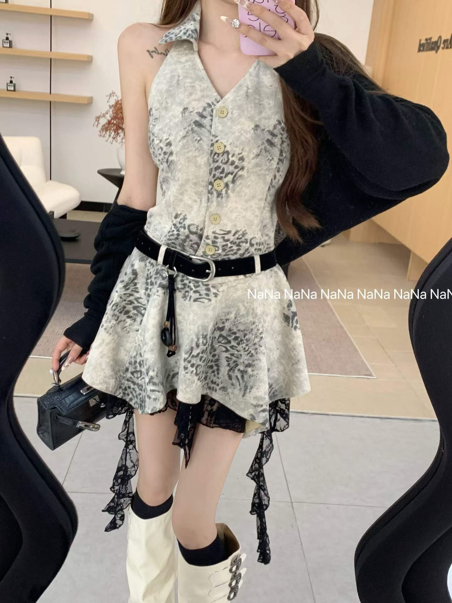 2026 가을 레트로 레오파드 무늬 V넥 패치워크 레이스 행침 목 슬립 드레스 숄 세트 벨트 포함 상세 이미지 3