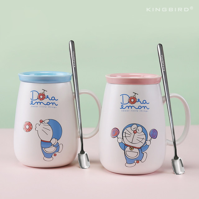 Doraemon mug ceramic blue fat jingle cat cup internet celebrity with lid spoon couple coffee cup birthday gift
