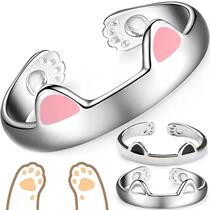 2Pcs Cute Cat Rings for Women Girls Adjustable Cat Ears Paw