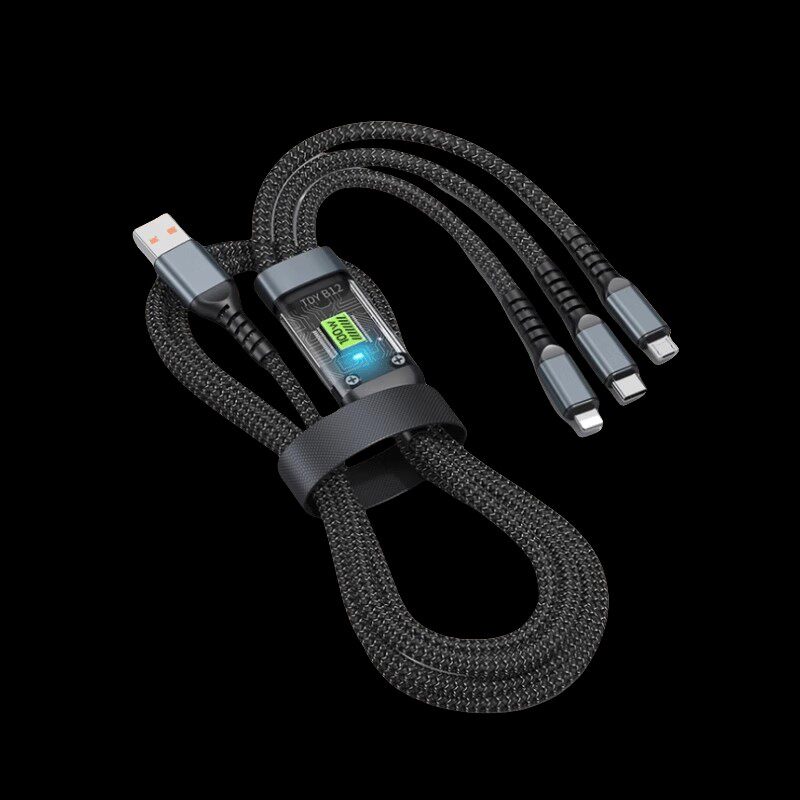 120W Three-In-One Super Fast Charging Data Cable, One-To-Three Braided Cable, Suitable for Apple, Huawei, Oppo, Xiaomi, Android, Vivo, Transparent Smart Chip, Thoughtful Night Light, USB Multifunctional