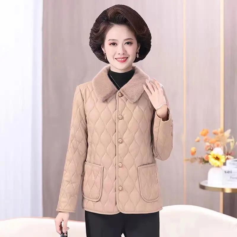 Middle Aged Fashion Moms Plus Suede Thickened Leather Cotton Padded Jacket 2593-Taobao