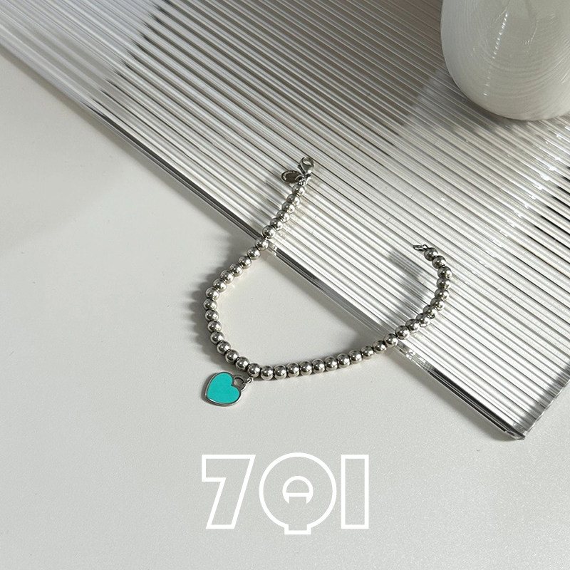 สร้อยข้อมือรูปหัวใจเงินสเตอร์ลิง S925 สำหรับผู้หญิง จี้หัวใจสีน้ำเงิน สร้อยข้อมือลูกปัดเงิน สร้อยข้อมือเคลือบสีสไตล์ทิฟฟานี่แบรนด์ t