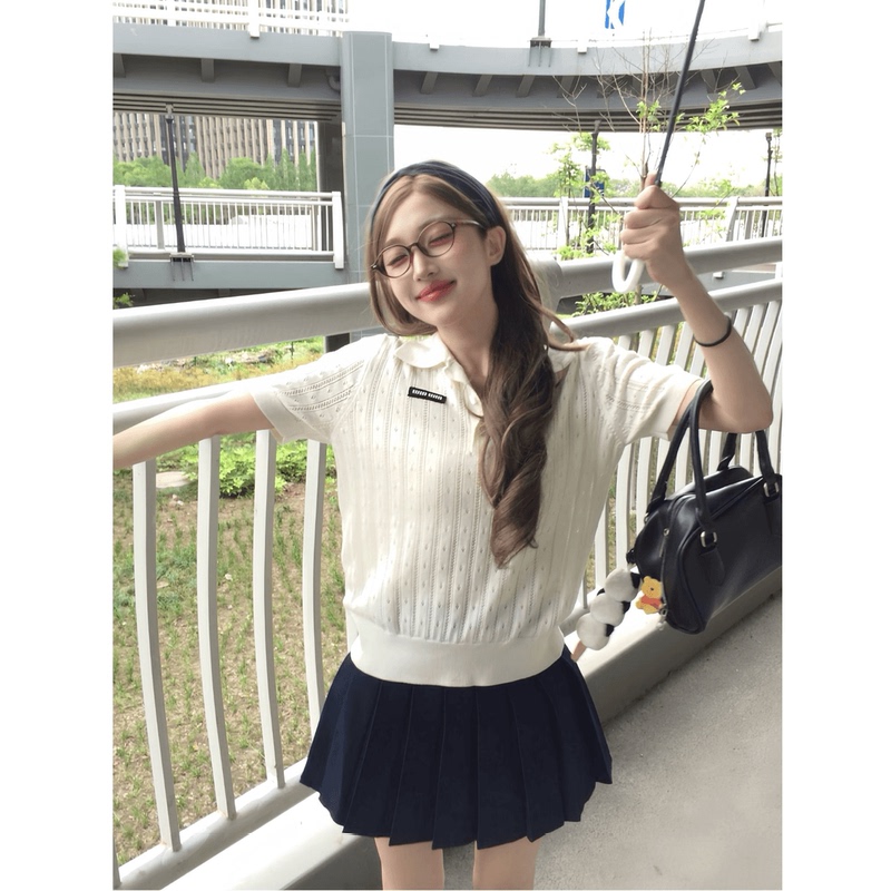 2026 New Korean Style Fashionable Versatile College Style Women's Design Niche Slim Simple Pure Desire Hollow-Out Polo Collar