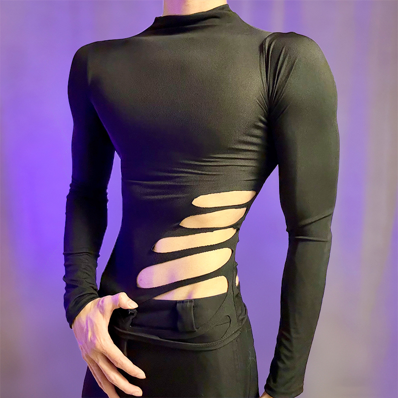 Men's Cut-Out Bodysuit, Black Sexy High-Neck T-Shirt, Slim Fit, Slimming Fitness Wear, High-Looking and Stylish Base Shirt