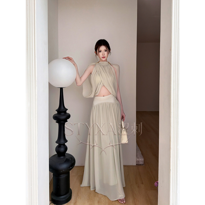 Sage Green Design-Inspired Long Skirt, Top, and Tube Top Three-Piece Set for Women