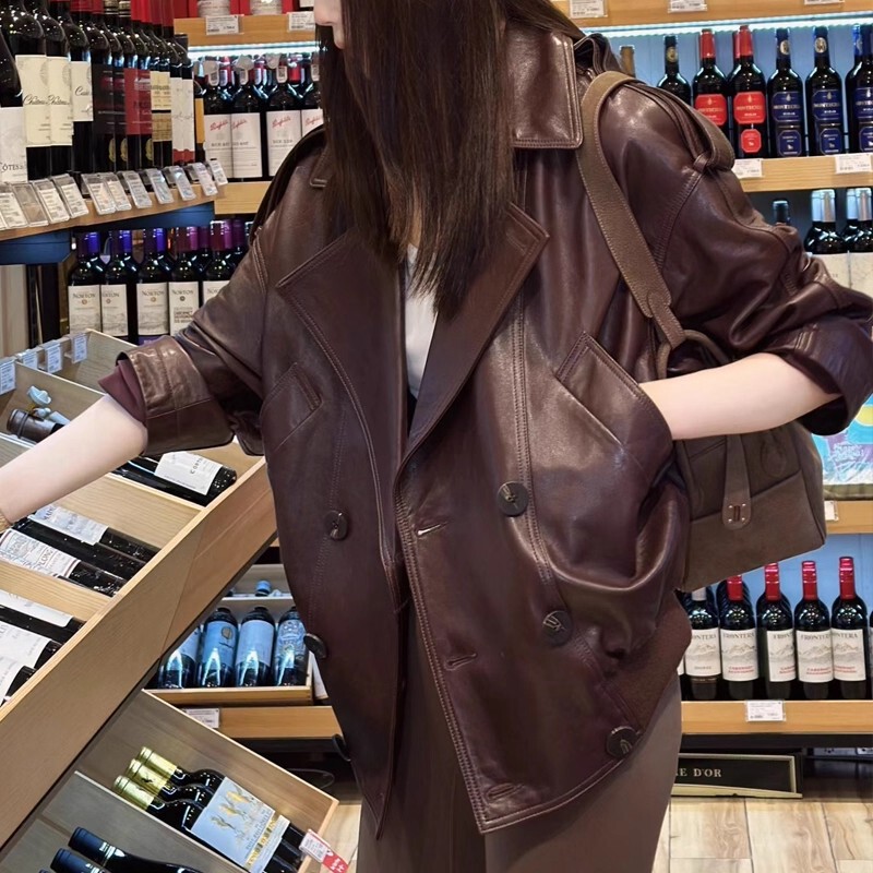 Yang Mi Style Genuine Leather Jacket for Women 2026 New Loose Retro Biker Sheepskin Jacket Short Trench Coat