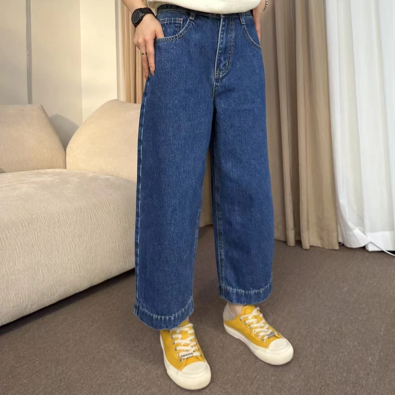 Jw Pingping Loose Wide-Leg Pants for Women, European Style, 2026 Spring and Autumn New Model, Dark Blue High-Waisted Straight-Leg Cropped Jeans