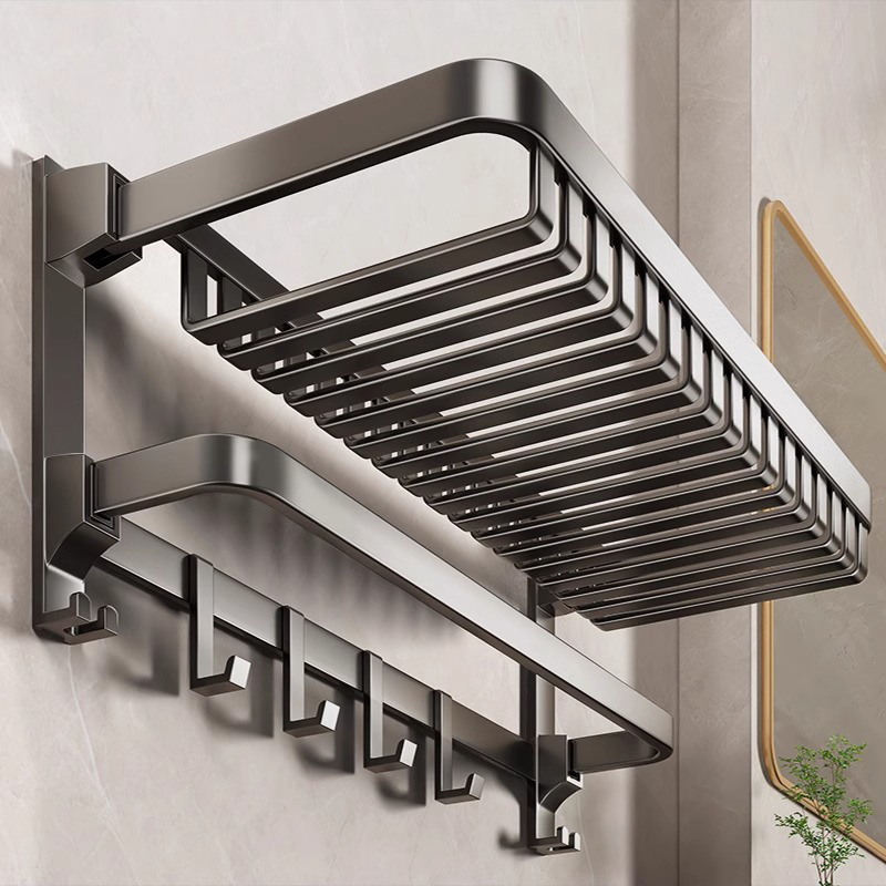 German washroom shell-free bathroom rack integrated gun grey towel rack toilet space aluminum bath towel rack-Taobao