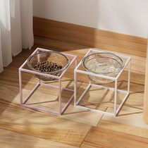 Internet celebrity transparent glass cat bowl cat food bowl cat food bowl water bowl tall neck guard anti-knock over cat rice bowl easy to clean