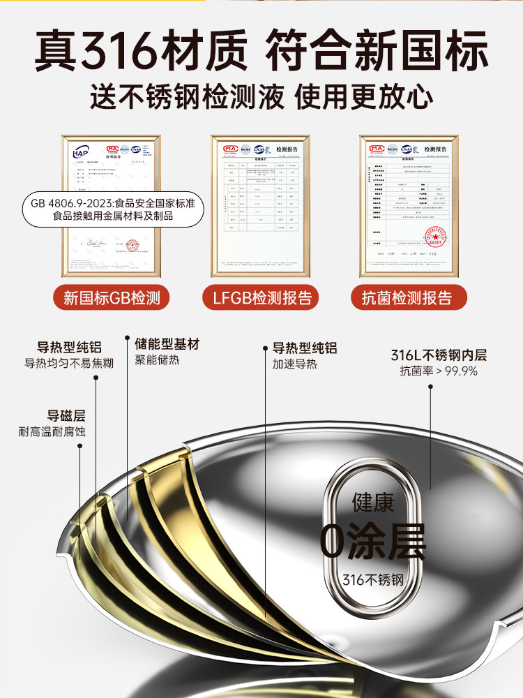 German Food-Grade 316 Stainless Steel Pot, Pure Uncoated Wok, Household Induction Cooker Cooking Pot, Non-Stick Pot, Thickened