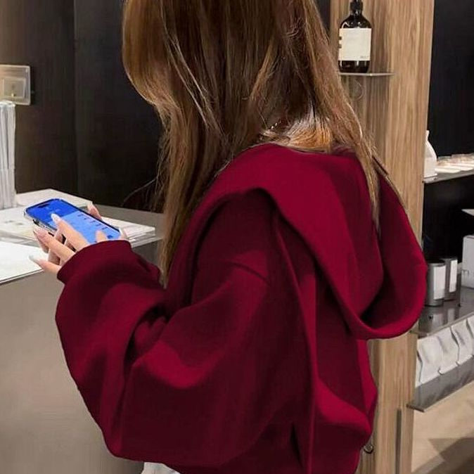 Early Autumn Jacket in Ultra-Bright Wine Red, Short Hooded Sweatshirt for Women, Layered, Loose-Fitting, Slimming, Zipper Jacket