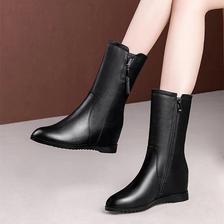 2026 Autumn/Winter New Style Women's Wedge Ankle Boots, Genuine Leather, Height-Increasing Mid-Calf Boots, Flat Martin Boots, Winter Women's Boots