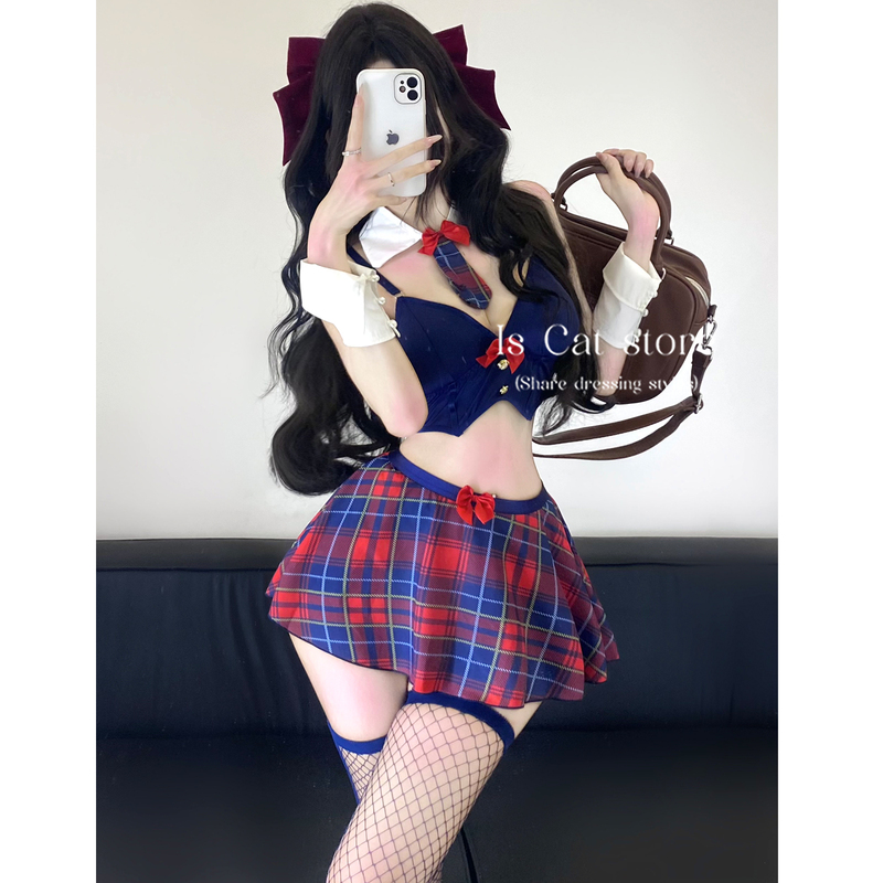 Is Cat: Deep Sea Berry Original Sexy Hot Girl Plaid Uniform Set Tube Top Short Skirt Nightclub Outfit for Women
