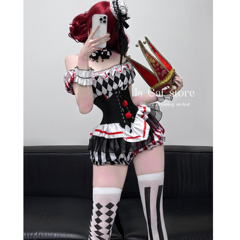 Is Cat: Circus Clown Halloween Sexy Mesh Corset Jumpsuit Party Performance Outfit for Women