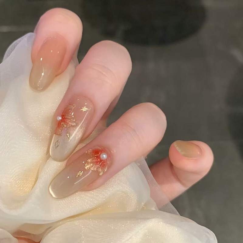 New Chinese-Style Enamel Hairpin Flower Handmade Nail Art, National Style Painted High-End Peony Flower Pure Desire Whitening Cat Eye Nail Art