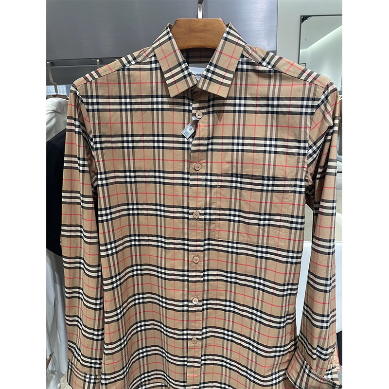 Burberry Classic Pointed Collar Plaid Long-Sleeved Pearl Shell Button Shirt for Men and Women