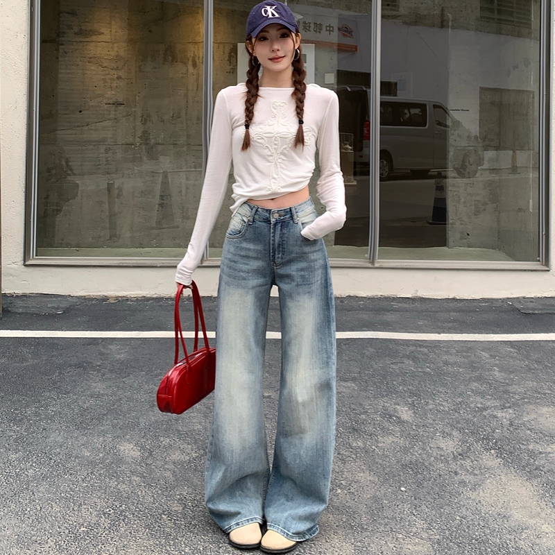 American Retro Light Blue Jeans for Women, 2026 Spring New High-Waisted Curved Pants, Loose Slimming Floor-Length Pants