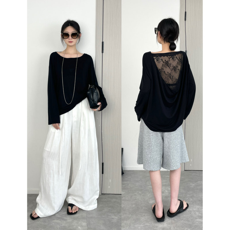 Zhiyu Stylish Back Design~64 Tencel Draped Curved Heavy Lace Patchwork Top T-Shirt for Women Spring 26