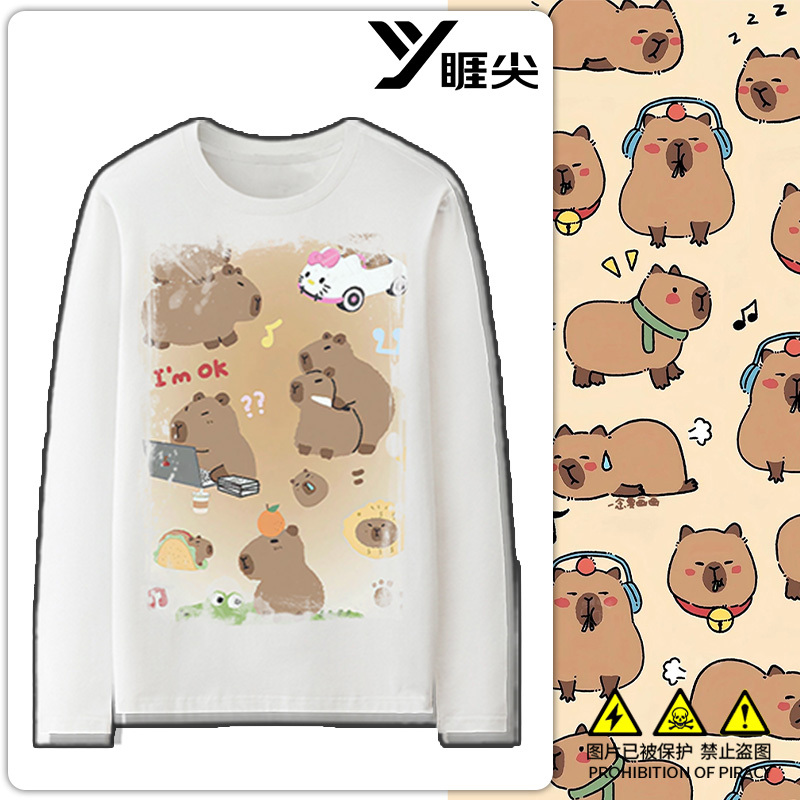 Capybara T-Shirt for Women, Long-Sleeved, Cartoon Collaboration Clothing, Autumn Japanese Style Versatile Trendy Tee
