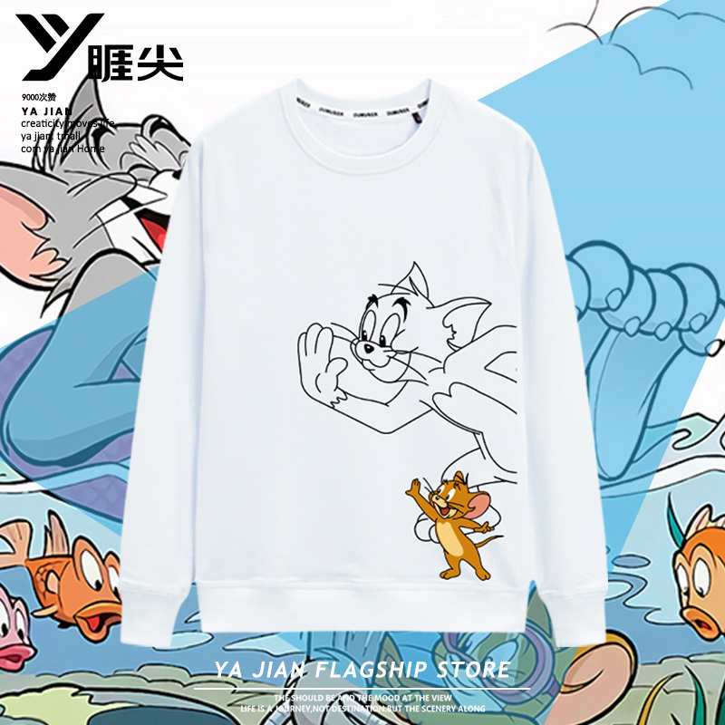 Tom and Jerry Collaboration Long-Sleeve T-Shirt for Men, Unique Couple Outfits, Tom and Jerry Anime Merchandise Clothing for Autumn