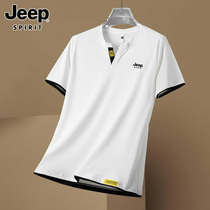 Jeep吉普冰丝短袖t恤男士夏季薄款潮牌V领上衣2024新款休闲体恤男