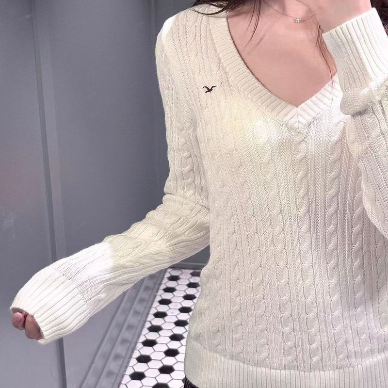 American College Style Small Seagull Embroidered Striped V-Neck Cable Knit Sweater for Women, Autumn and Winter Slim Fit Color-Blocking Knitwear