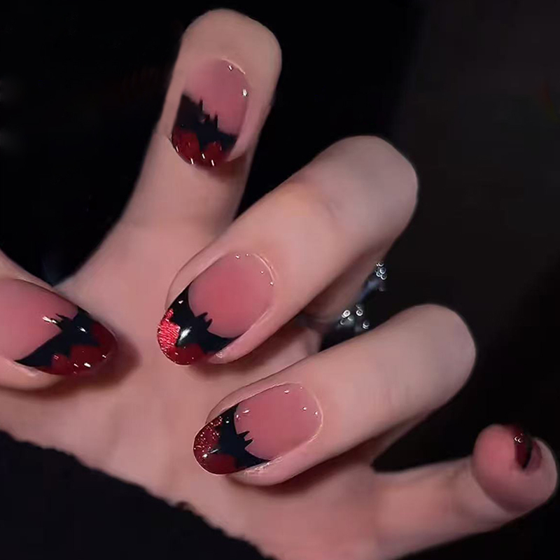 2026 New Halloween Handmade Wearable Nails High-End Luminous Flashing Cat Eye Bat French Manicure Short Style