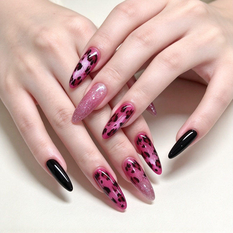Sweet and Cool Black and Pink Contrasting Leopard Print Cat-Eye Handmade Wearable Nails for Autumn and Winter, Pure and Alluring Bridal Style, Complexion-Enhancing Nail Stickers Sweet and Cool Black and Pink Contrasting Leopard Print Cat-Eye Handmade Wearable Nails for Autumn and Winter, Pure and Alluring Bridal Style, Complexion-Enhancing Nail Stickers