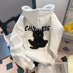 American Trendy Brand Super Nice Cat Print Sweatshirt for Women Spring & Fall Thin Large Size Fat mm Super Slim Hooded Jacket