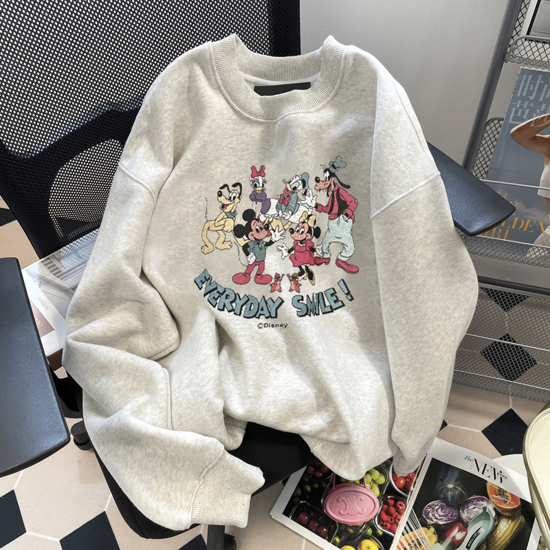This Year's Trendy and Beautiful Mickey Cartoon Hooded Sweatshirt for Women, Autumn and Winter Style, Stylish and Age-Reducing, Fleece-Lined, Plus-Size Top for Chubby Girls