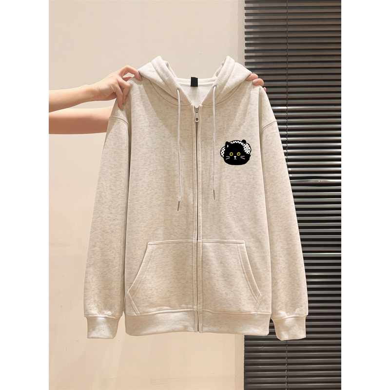 Gray Lazy and Relaxed Style Cute Kitten Jacket for Female Junior High School Students, Spring and Autumn Chic Unique Hooded Sweatshirt Cardigan Gray Lazy and Relaxed Style Cute Kitten Jacket for Female Junior High School Students, Spring and Autumn Chic Unique Hooded Sweatshirt Cardigan