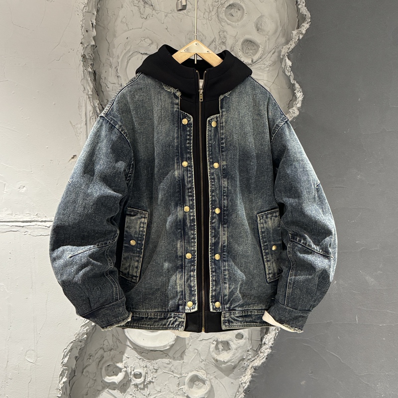 Winter Korean-Style Trendy Denim Patchwork down Jacket for Men, Loose Fit, Warm, Cold-Resistant, Workwear, Vintage Distressed Jacket