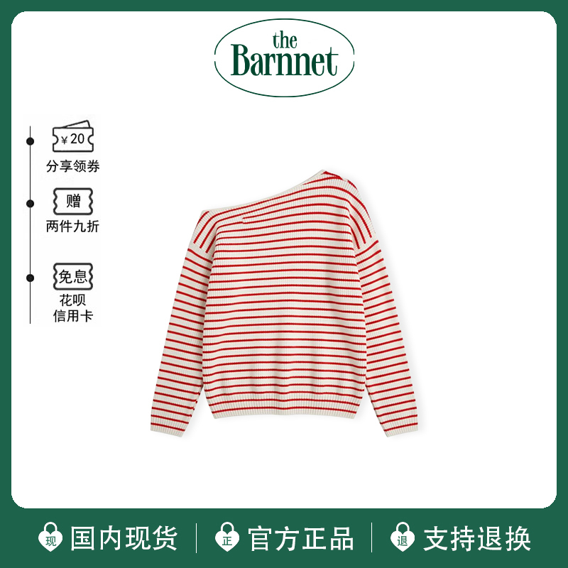 [Official Authentic Product] Korean the Barnnet Eight-Color Striped Asymmetrical Neck Off-Shoulder Base Shirt Sweater for Women