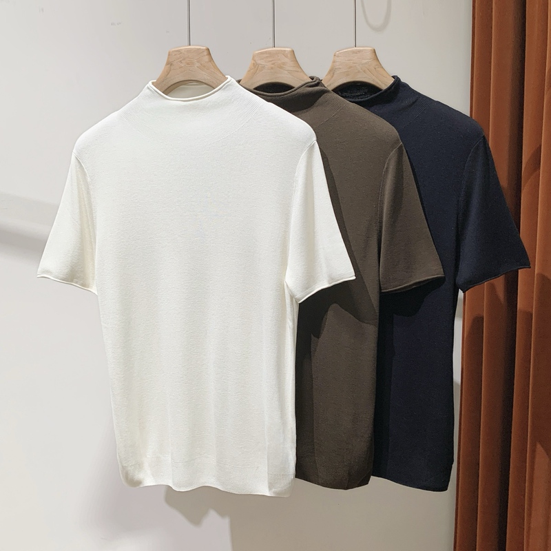 Authentic and High-Quality~ Heavy Silk~ with Contrasting Details~ 100% Mulberry Silk Half-High Collar Elegant Short-Sleeved Knit Top