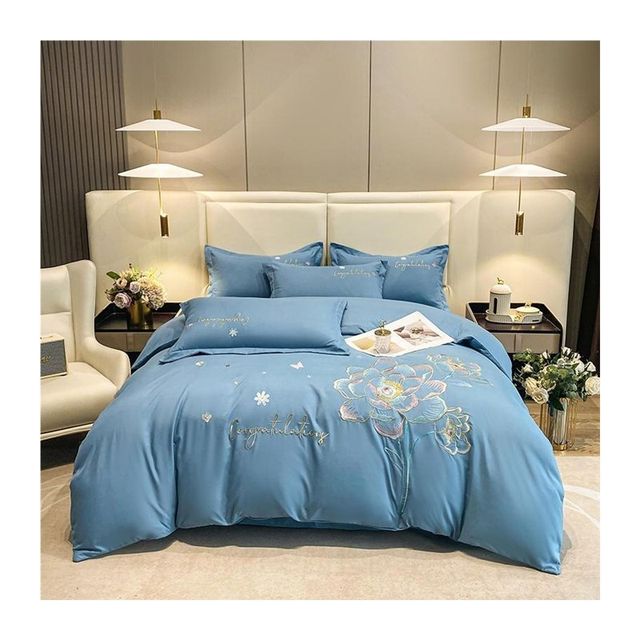 New high-end solid color embroidered bed four-piece quilt cover bed sheet quilt cover skin-friendly cotton double X hair-fed wedding