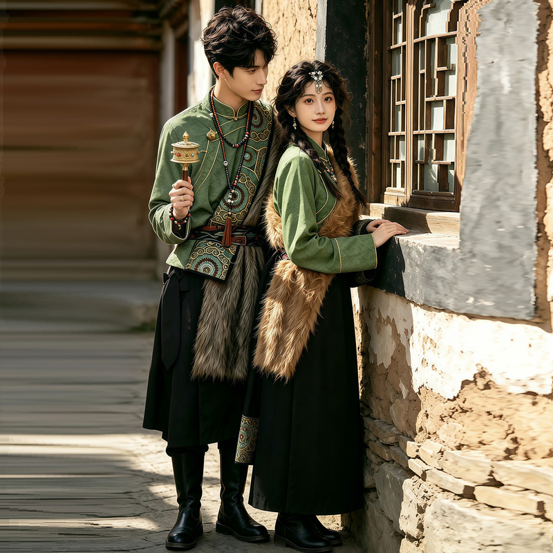 New Green Tibetan Clothing for Couples, Men's and Women's Tibetan Robes, Ethnic Minority Performance Costumes, Photo Shoot Dance Photography Travel Outfits