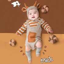 New 2Pcs Baby Knitted Cow Ears Hat Romper Set Newborn
