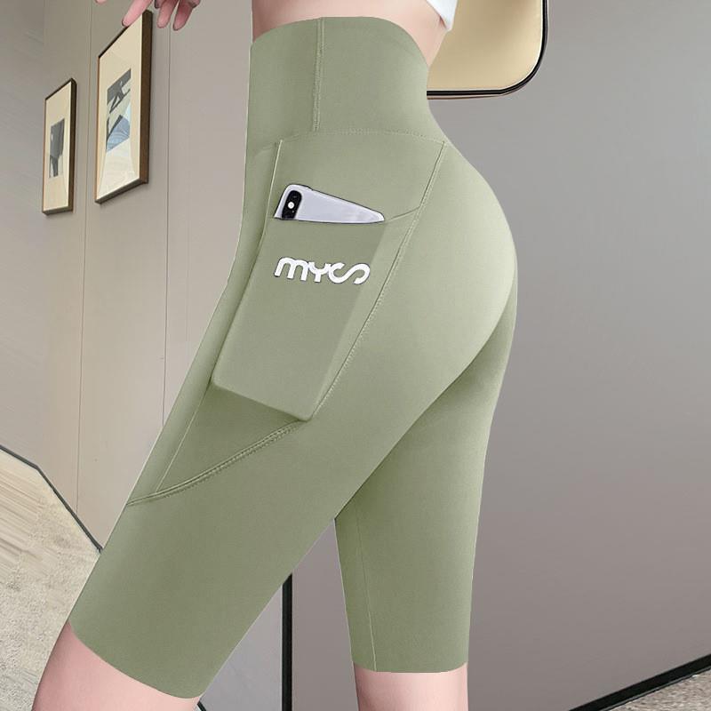 Ice Silk Side Pocket Cycling Shorts for Women, Summer Thin Style, Tummy Control, Five-Point Shark Shorts, Leggings, Yoga Pants