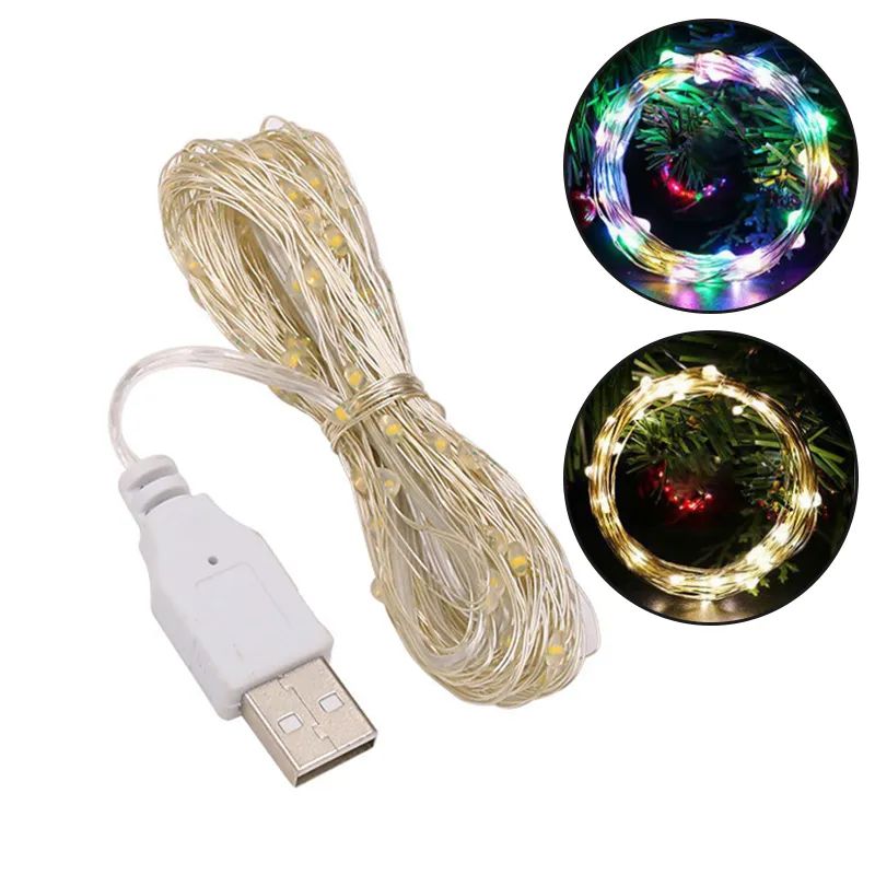 1 2 3 5M USB LED String Lights Copper Silver Wire Garland Li