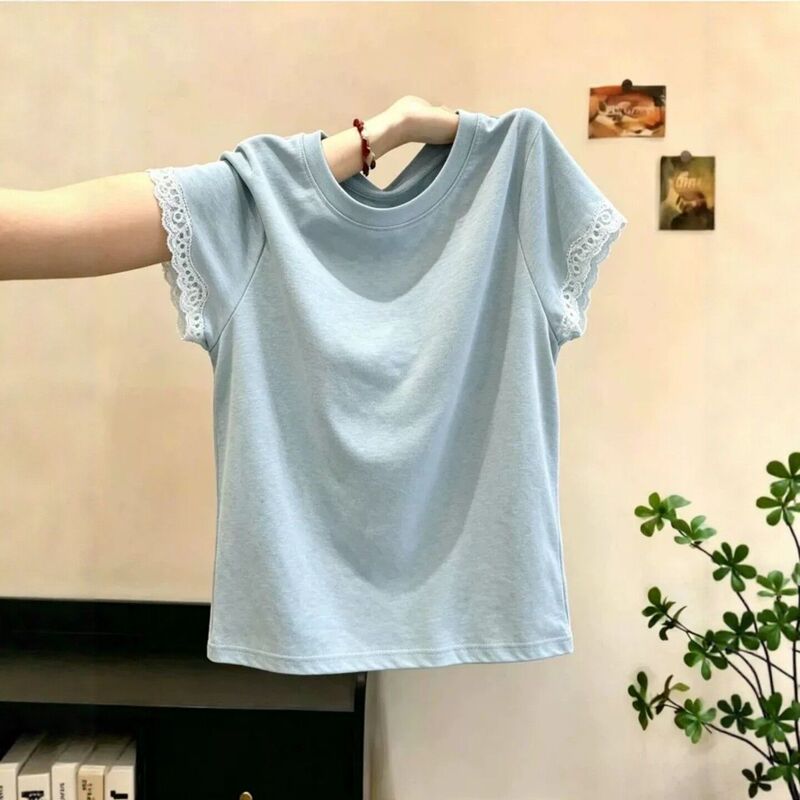 Plus-Size Slimming T-Shirt with Lace Splicing for Chubby Women, Mature Style, Loose and Beautiful, Summer Short-Sleeved, Elegant Blue for Women Plus-Size Slimming T-Shirt with Lace Splicing for Chubby Women, Mature Style, Loose and Beautiful, Summer Short-Sleeved, Elegant Blue for Women