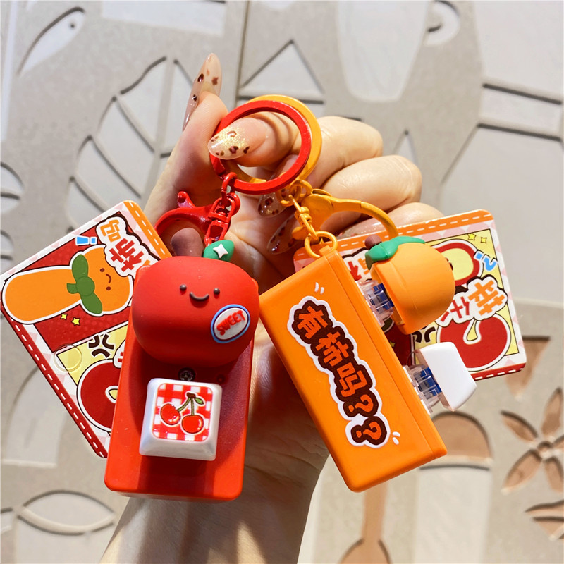 Trendy Stress-Relief Music Dual-Button Keychain with Persimmon and Apple Designs, Electronic Wooden Fish Keychain Pendant for Student Bags