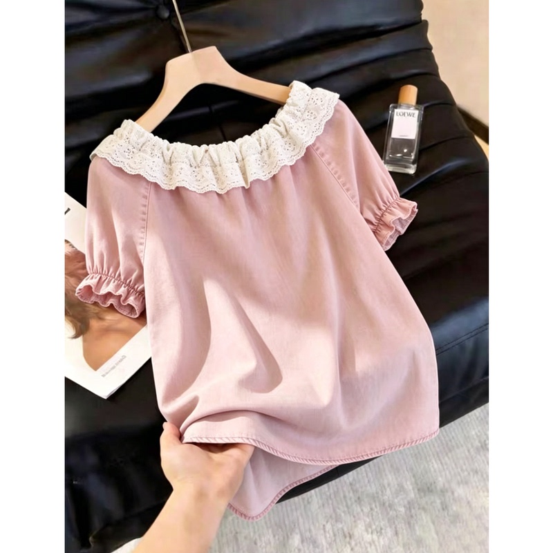 2026 French Sweet Style Ruffled Puff Sleeve Top Niche Age-Reducing Plus Size Elegant Lace Top Loose Fit