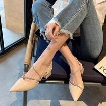 Fashion Sandals Female Fairy Style 2024 Summer New Style Thick Heel Pointed Toe Baotou One-word Womens Shoes with Rhinestones Versatile Shoes Trend