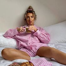 2 2 Pieces Suit set female striped plaid turn-down Collar Long