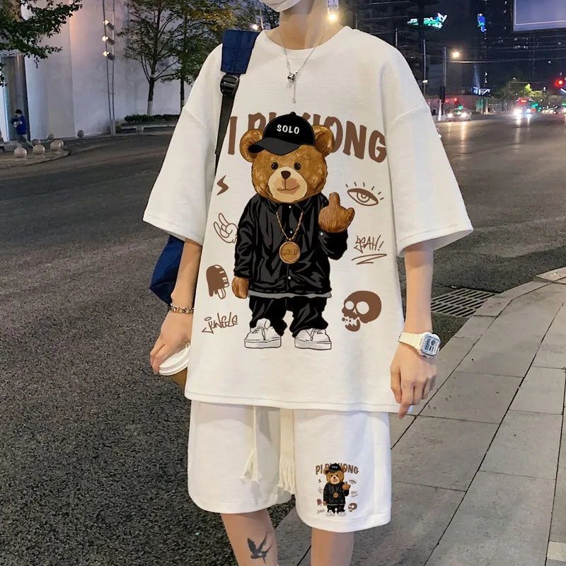 Huafg Suit Men's Summer Little Bear Design Feel T-shirt Short Sleeve Shorts Big Code Casual Sports Set Matching Handsome-Taobao